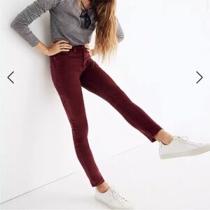 Madewell NWOT Velvet Burgundy Skinny Jeans 26